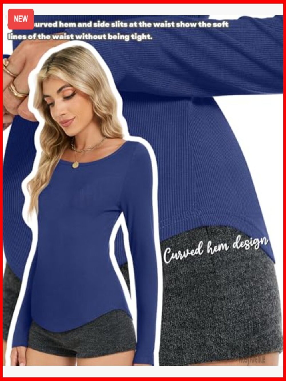 3 Pack Boat Neck Long Sleeve Ribbed Crop Tops Curved Hem Layering Tees - Picture 5 of 7